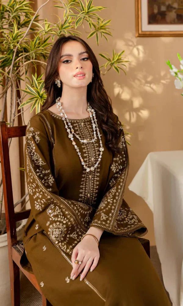 Unstitched 2pc Dhanak Embroidered Winter Dress – Coffee Brown