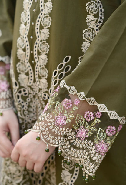 LIBAAS - 3PC DHANAK UNSTITCHED EMBROIDERED SHIRT AND TROUSER WITH BAMBER EMBROIDERED DUPATTA