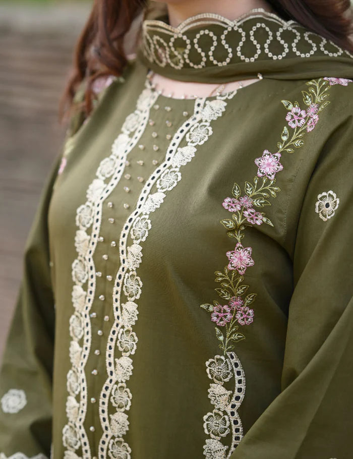 LIBAAS - 3PC DHANAK UNSTITCHED EMBROIDERED SHIRT AND TROUSER WITH BAMBER EMBROIDERED DUPATTA