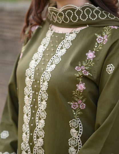 LIBAAS - 3PC DHANAK UNSTITCHED EMBROIDERED SHIRT AND TROUSER WITH BAMBER EMBROIDERED DUPATTA