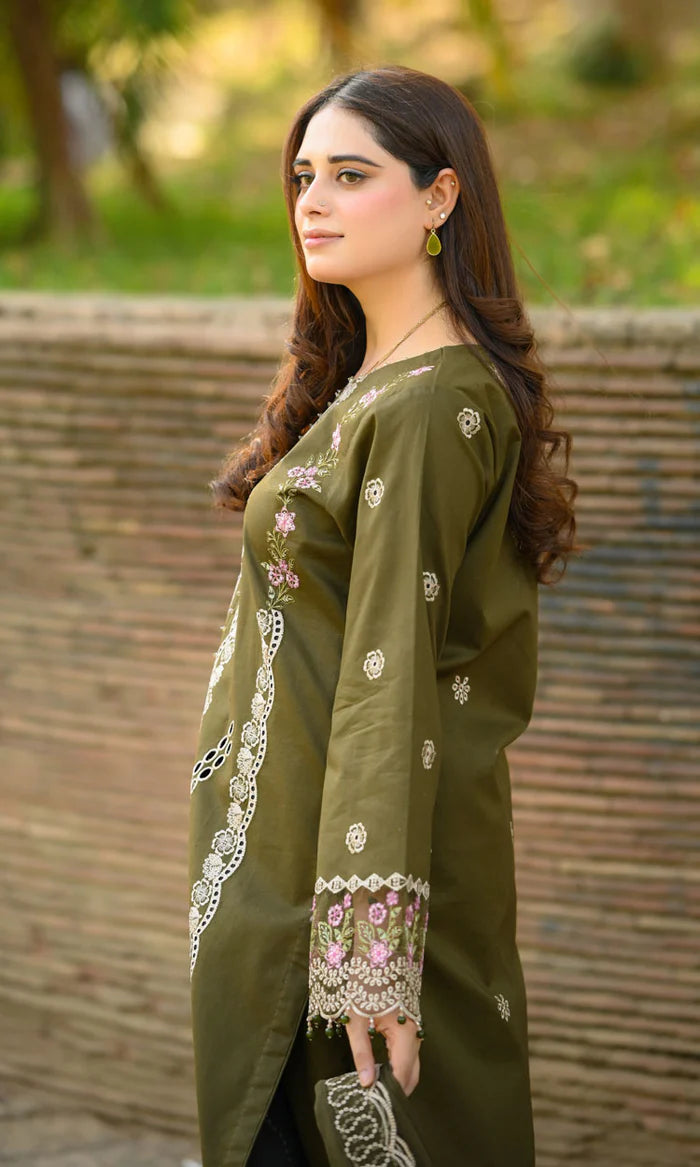 LIBAAS - 3PC DHANAK UNSTITCHED EMBROIDERED SHIRT AND TROUSER WITH BAMBER EMBROIDERED DUPATTA