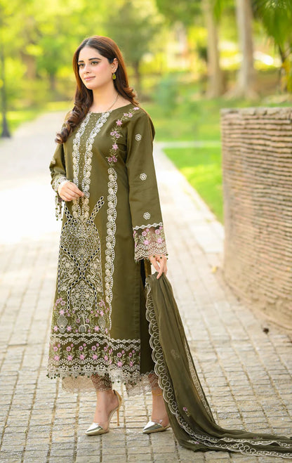 LIBAAS - 3PC DHANAK UNSTITCHED EMBROIDERED SHIRT AND TROUSER WITH BAMBER EMBROIDERED DUPATTA