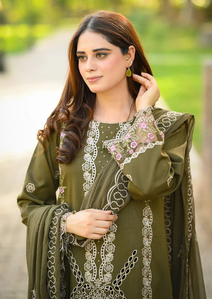 LIBAAS - 3PC DHANAK UNSTITCHED EMBROIDERED SHIRT AND TROUSER WITH BAMBER EMBROIDERED DUPATTA