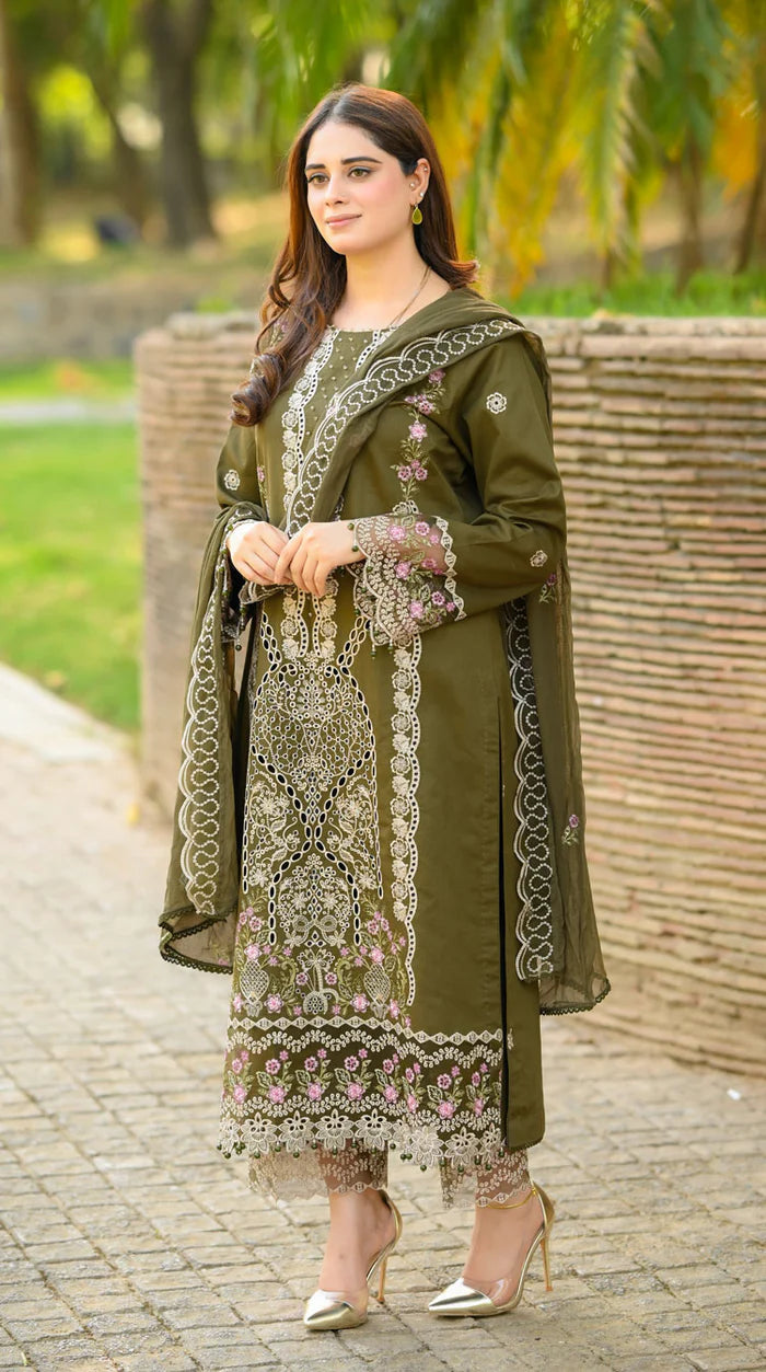 LIBAAS - 3PC DHANAK UNSTITCHED EMBROIDERED SHIRT AND TROUSER WITH BAMBER EMBROIDERED DUPATTA