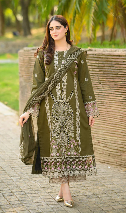 LIBAAS - 3PC DHANAK UNSTITCHED EMBROIDERED SHIRT AND TROUSER WITH BAMBER EMBROIDERED DUPATTA