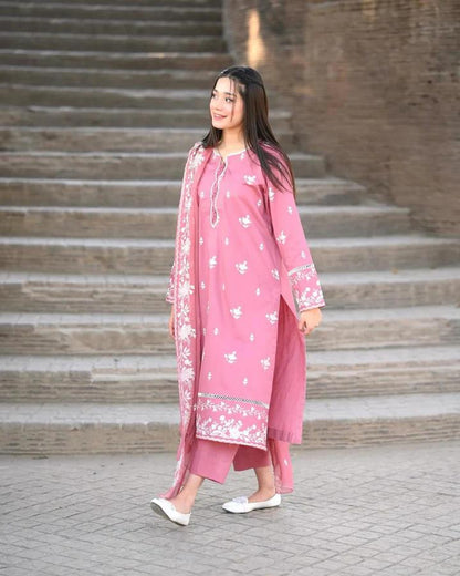 Elegant Pink Embroidered Lawn Suit – 3-Piece Unstitched