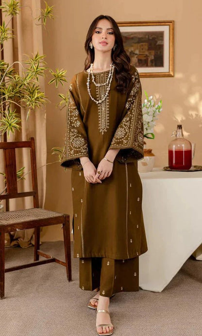 Unstitched 2pc Dhanak Embroidered Winter Dress – Coffee Brown