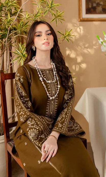 Unstitched 2pc Dhanak Embroidered Winter Dress – Coffee Brown