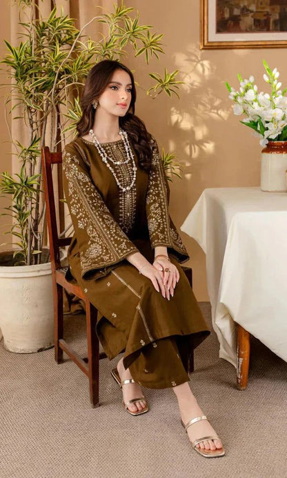 Unstitched 2pc Dhanak Embroidered Winter Dress – Coffee Brown