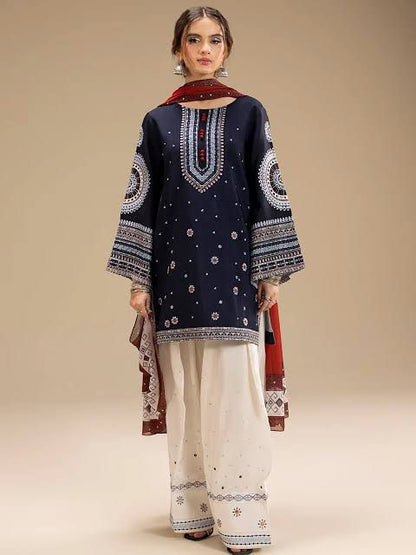 Elegant Navy Blue Embroidered 3-Piece dhanak Suit – Premium winter Wear unstitched