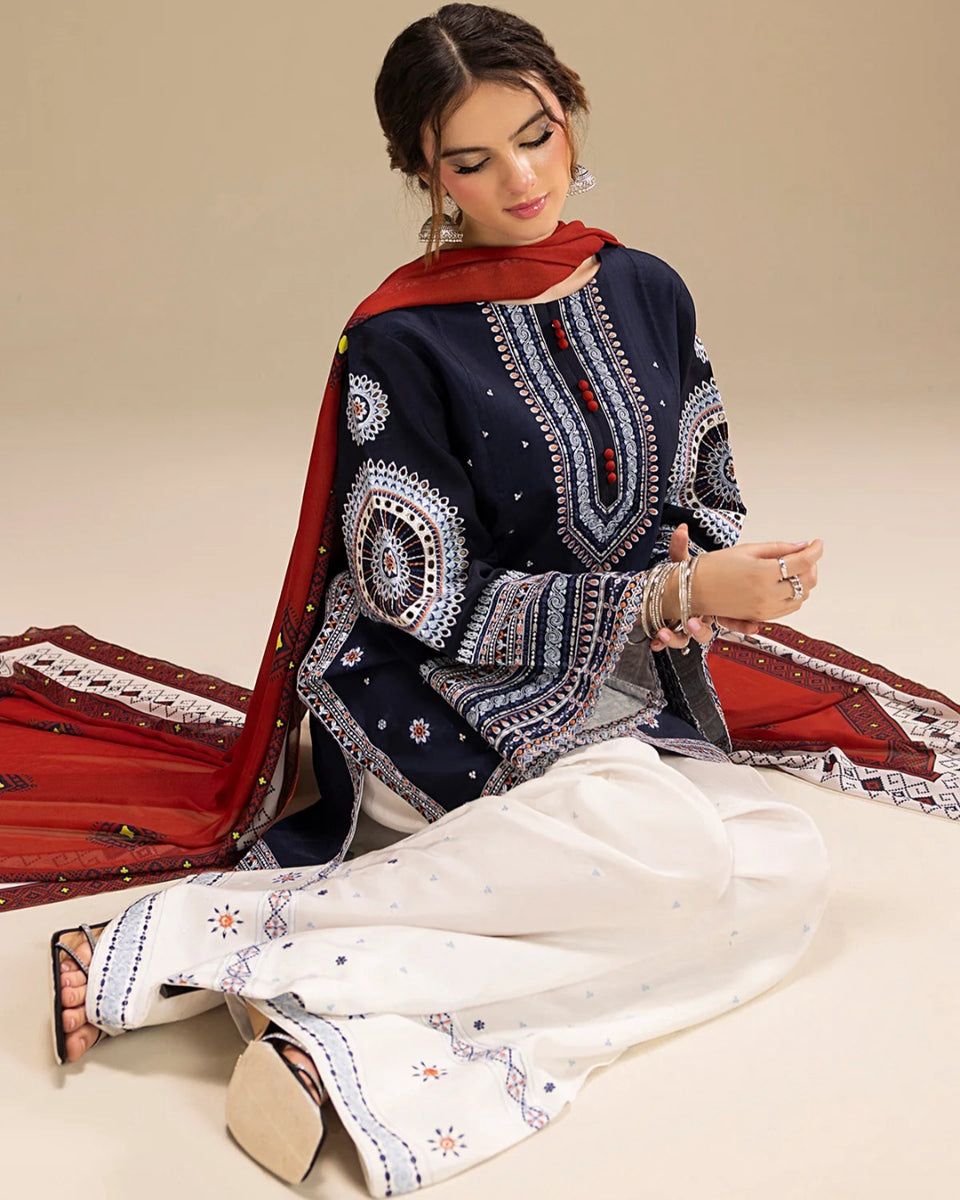 Elegant Navy Blue Embroidered 3-Piece dhanak Suit – Premium winter Wear unstitched