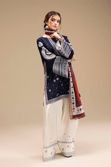 Elegant Navy Blue Embroidered 3-Piece dhanak Suit – Premium winter Wear unstitched